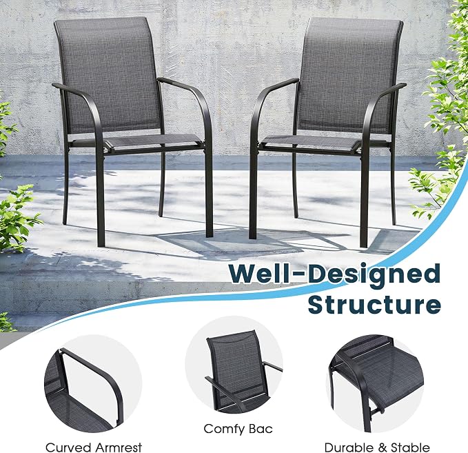 9 Pieces Patio Dining Set, 53" Round Dining Table with Umbrella Hole, 8 Stackable Textilene Fabric Chairs, Metal Structure for Patio, Porch, Garden(Black Table, Grey Chair)