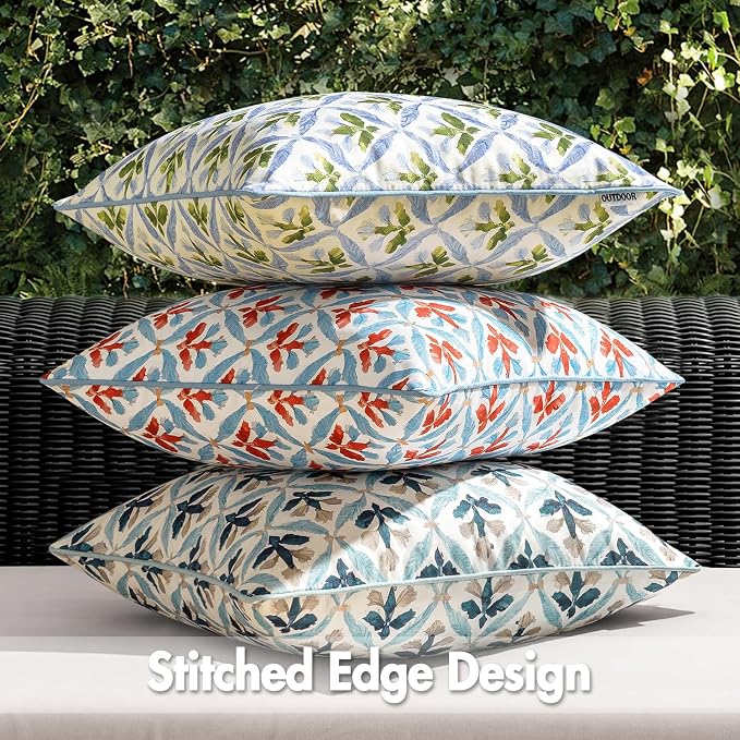 MIULEE Outdoor Floral Pillow Covers Waterproof 18x18 Blue Grey | Decorative Block Print,Boho Farmhouse, Set of 2 Coastal Summer Cushion Covers with Piping,Garden Patio Furniture Porch Couch
