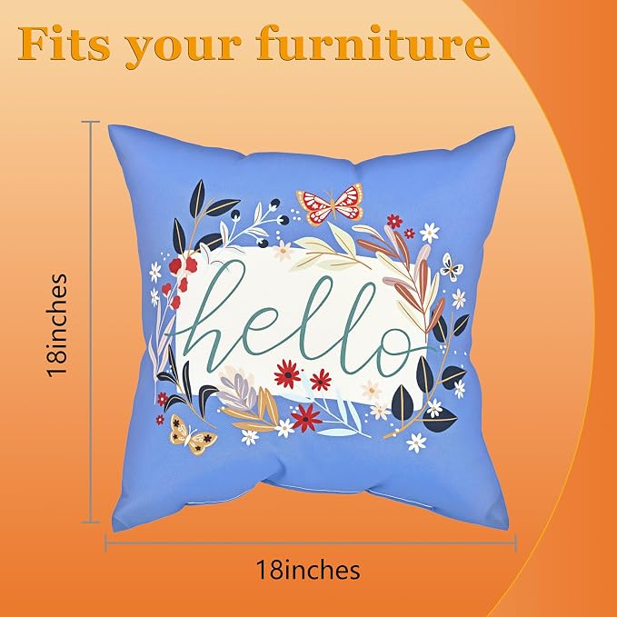 18" Outdoor Throw Pillows Set of 4, Waterproof & Fade Resistant Patio Furniture Pillows with Built-in Inserts, All-in-One Blue Hello Print Design for Sofa, Patio or Backyard Relaxation