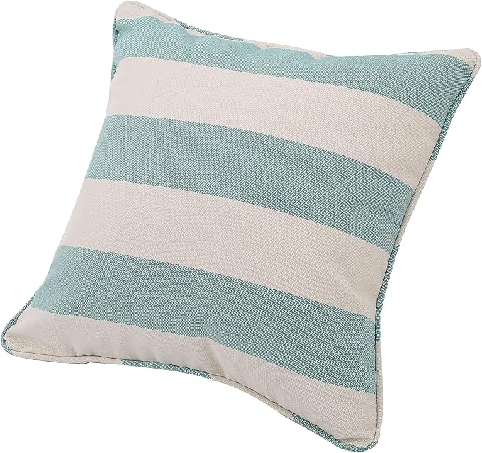 Outdoor Throw Pillow with Insert 18x18 Inch, Set of 2, Piping Edge Waterproof Fade Resistant Decorative Fluffy Pillows for Patio Furniture Chair Bench Couch Sofa - Teal Ivory Striped