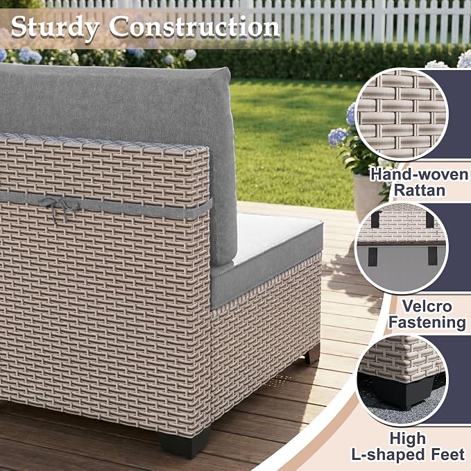 Patio Furniture Set, 9-Piece Outdoor Sectional Sofa with Ottomans & 2-Layer Glass Coffee Table, Wicker Patio Conversation Set with Gray Cushions for Poolside