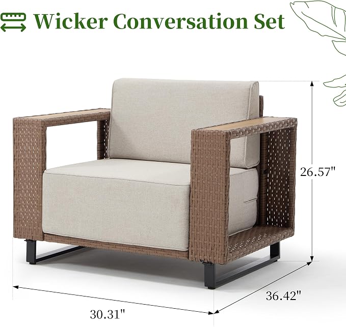 Bonzy Home Wicker Patio Chairs Set of 2, Rattan Outdoor Accent Chairs with Extra-Thick Soft Cushions and Widened Armrest, Patio Conversation Sets for Porch, Garden Poolside Balcony
