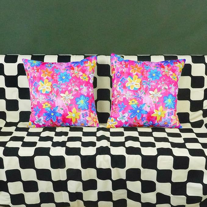 ONWAY Outdoor Floral Pillow Covers 18X18 inch Set of 2 Waterproof Yellow and Blue Flowers Pink Decorative Throw Pillowcases for Patio Furniture Garden Spring Summer Cushion Cover