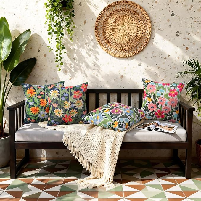 Pyonic Floral Outdoor Lumbar Pillows Covers 12x20 inch Waterproof Spring Summer Decor Outdoor Pillows for Patio Furnture Garden Bench Porch,Navy Blue