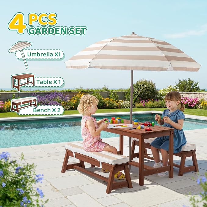 JOYMOR Kids Picnic Table Outdoor Wooden Table & Bench with Adjustable Umbrella, Picnic Table Set w/Removable Cushions for Backyard, Patio, Garden, Indoor(Walnut)