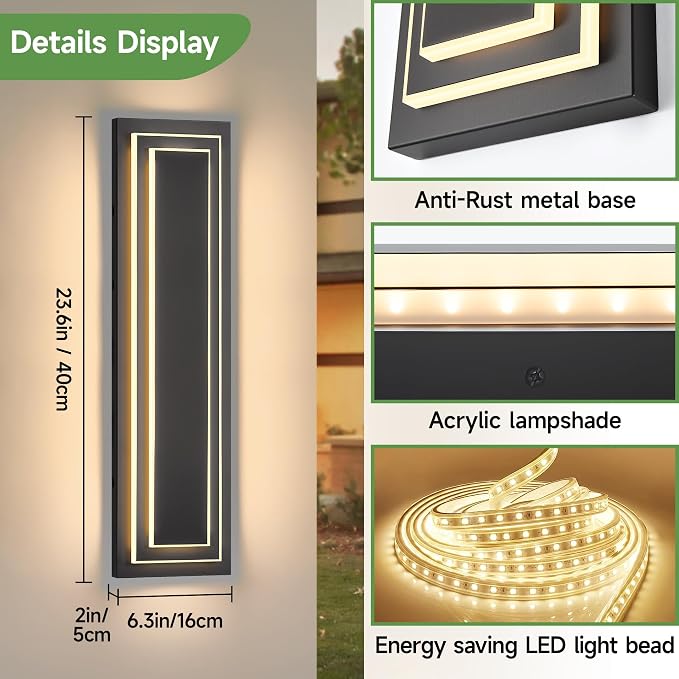 23.6 in Outdoor Wall Light Fixture,Garage Side Wall Sconce,36 W | 2-Tier Black Outdoor Modern Square Wall Lights For Hallway, Front Porch, Integrated 3000K LED Light Bead, Waterproof,2 Packs