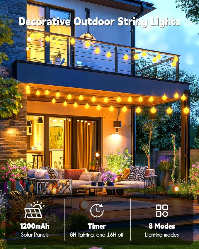 Brightown Solar String Lights 19.6Ft, 60 LED Globe Waterproof, 8 Modes | Solar Patio Lights for Yard Patio Tree Canopy Party Camping Balcony Outdoor Decor