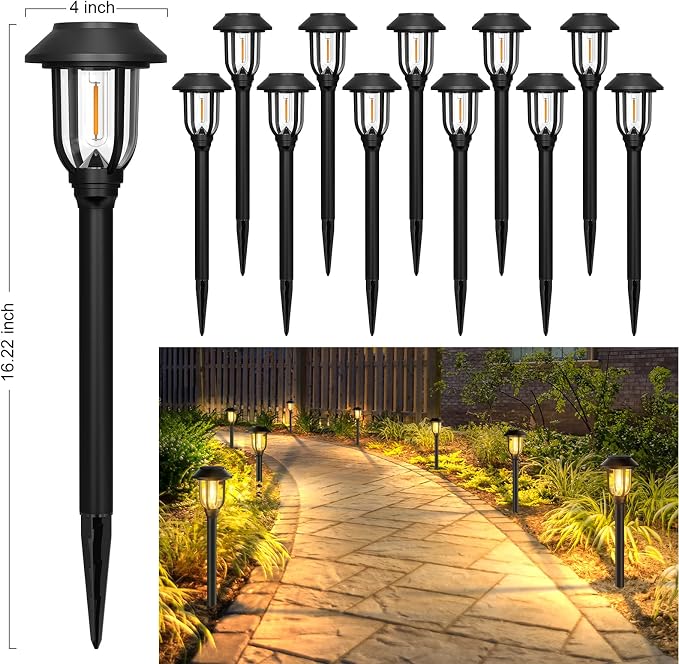 ILANCK Solar Pathway Lights Outdoor,12 Pack Solar Lights Outdoor Waterproof, Warm White Auto On/Off LED Solar Powered, Garden Landscape Lighting for Yard Walkway Driveway Path Decorative