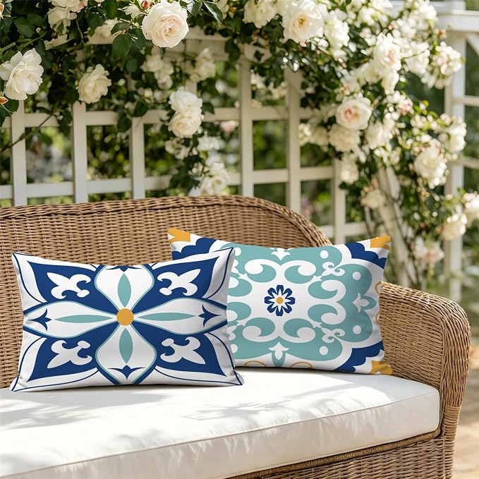 Outdoor Waterproof Throw Pillow Covers 12x20 Set of 4 Floral Boho Decorative Cushion Cases for Patio Furniture Garden Porch Bench Couch Sunbrella