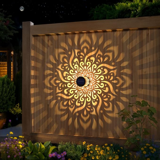 2 Pack Large Solar Fence Lights Metal Solar Powered Outdoor Wall Deck Step Lights Mandala Theme Waterproof Fence Light for Garden Post Patio Backyard Yard Decor, Gardening Gifts for Women Mom Grandma