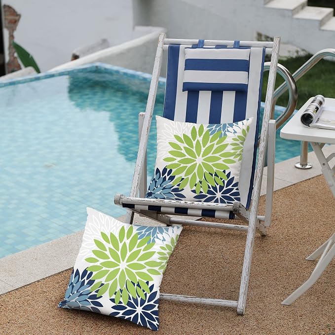 DFXSZ Outdoor Waterproof Pillow Covers 20x20 Set of 2 Green Blue Flower | Spring Summer Waterproof Flower Throw Pillowcases（No Inserts）Outdoor Decor for Patio Funiture Garden Polyester Covers