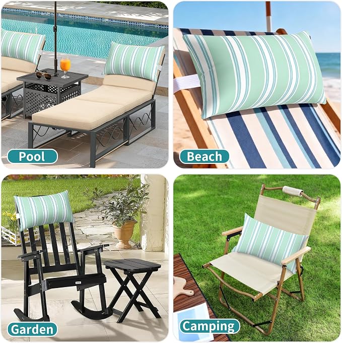 Outdoor Pillows for Lounge Chair Head Resting 2 Pack Waterproof | Headrest Lumbar Pillows with Adjustable Strap for Recliner Beach Pool Lounger Chair, Green