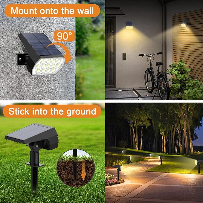 WELALO Solar Light Outdoor, IP68 Waterproof, 65 LED, Warm White, 2 Pack | Dusk to Dawn Auto On/Off, 3 Lighting Modes, Adjustable Solar Panel, Luces Solares Para Exteriores for Yard Garden Landscape