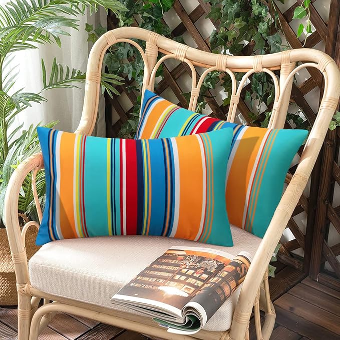 Pyonic Outdoor Lumbar Pillow Covers Set of 2 Waterproof Throw Pillow Covers Decorative Patio Pillows for Patio Tent Garden Beach,12x20 Inches,Color Stripe(Blue)