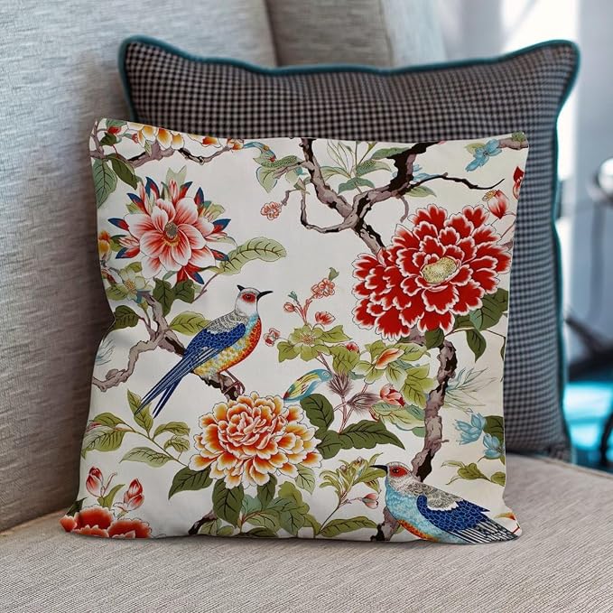 Chinoiserie Tree Peony Bird Throw Pillow Covers Floral Coral Turquoise Throw Pillow Cover Abstract Throw Pillow Covers Farmhouse Decorative for Patio Funiture Garden 16x16 in