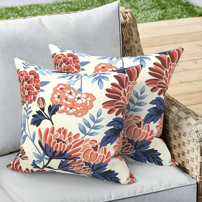 Outdoor 16x16 Inch Throw Pillow Covers Set of 2, Covers ONLY, All Weather Square Pillow Cases, Patio Cushion Pillow of Home Furniture Use, Red Chrysanthemum