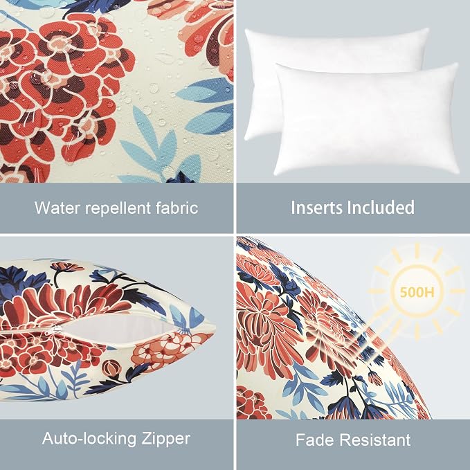 LVTXIII Outdoor/Indoor Lumbar Pillows, Decorative Patio Lumbar Cushions, Fluffy Fade Resistant Throw Pillow Cushions for Home Patio Coach Sofa, 12×20 Inch, Pack of 2, Red Chrysanthemum