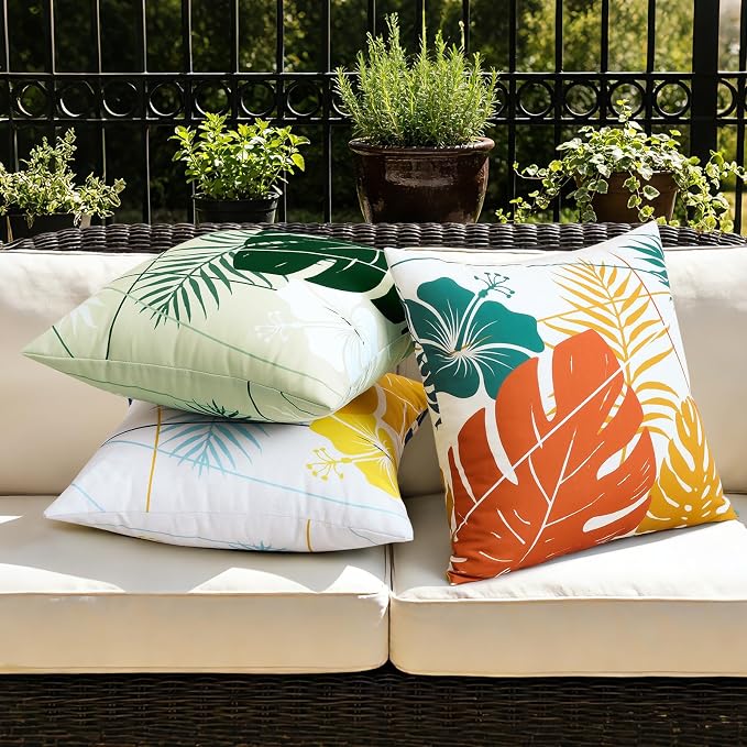 OTOSTAR Outdoor Waterproof Throw Pillow Covers 20x20 Inch Set of 2 Double-Sided Yellow Blue Tropical Leaf and Flower Spring Summer Decorative Pillow Cases for Patio Funiture Garden Tent Balcony Couch
