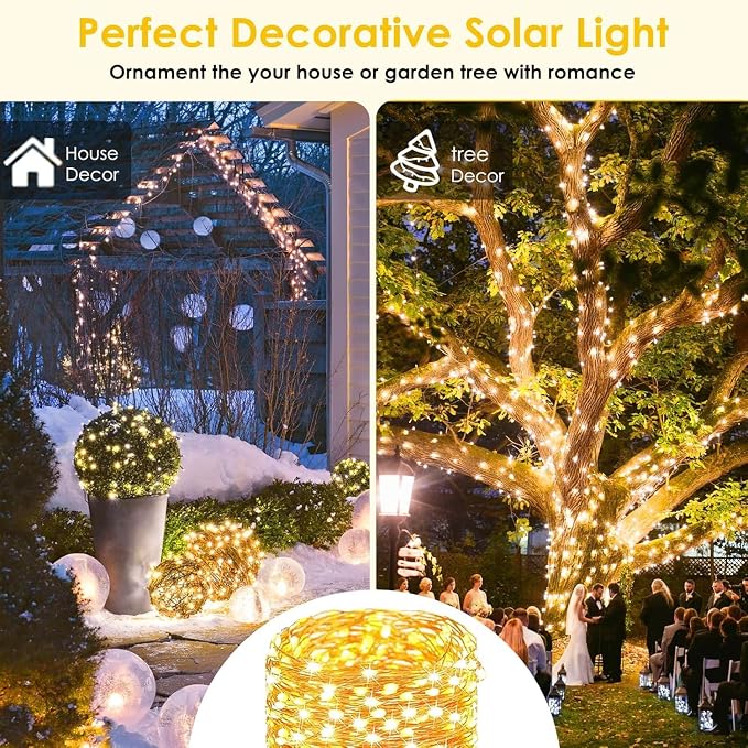Solar Fairy Lights, 2 Pack Total 200LED 72FT Waterproof String Lights | Warm White, Copper Wire, 8 Lighting Modes Solar Twinkle Lights for Tree Garden Patio Party Outdoor Christmas Decorations