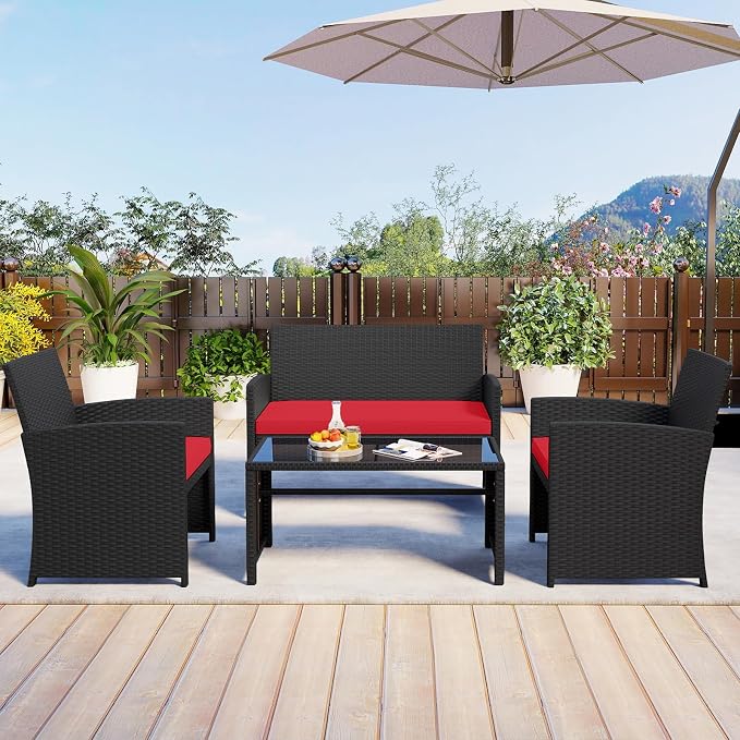 HAPPYGRILL 4 Piece Rattan Wicker Patio Conversation Set, Outdoor Furniture with Chair Loveseat Table & Cushion, for Backyard Porch Balcony (2, Black & Red)