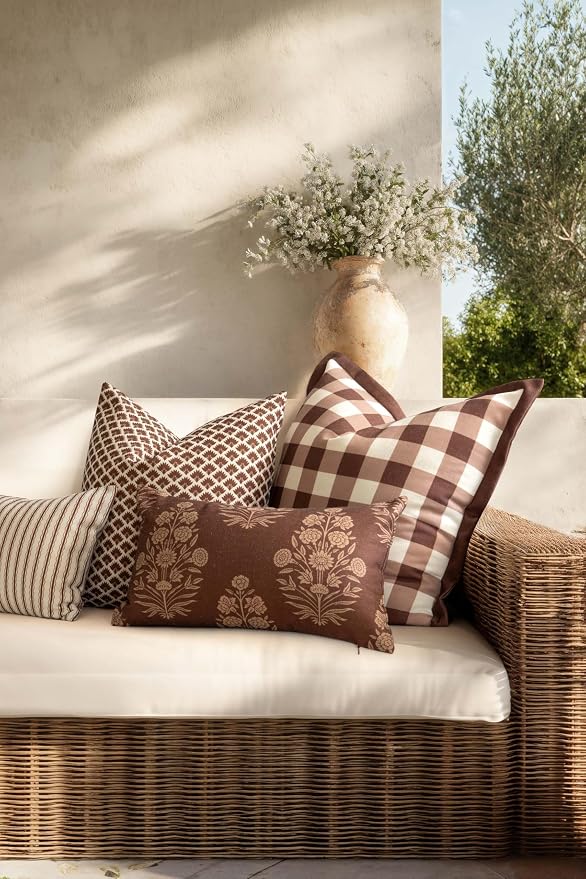 Modern Farmhouse California Casual Indoor Outdoor Lumbar Pillow Cover, 12"x20" Water Repellent for Patio, Backyard, Couch, Poolside, Cocoa Brown Tan Print Floral
