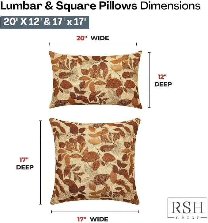 RSH DECOR: Sunbrella Lumbar & Square Pillows Set of 4 | 20" x 12" & 17" x 17" | Water & Fade-Resistant Performance Fabric | Outdoor Throw Pillows for Patio Furniture | Made in USA (Gentry Sequoia)