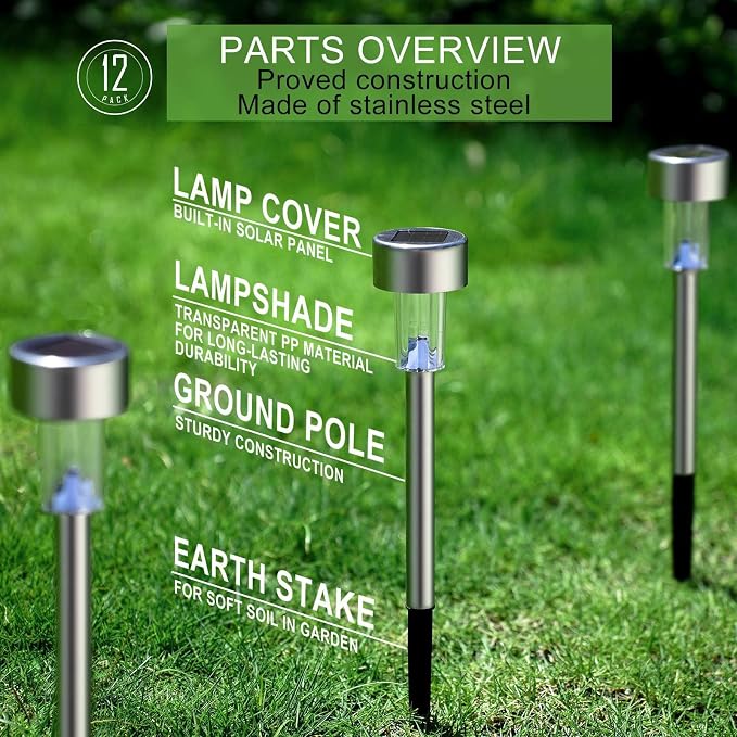 Solar Lights Outdoor Waterproof, Solar Garden Lights, Warm White, 12Pack | Outdoor Solar Lights Stainless Steel LED Landscape Lighting Decorations for Yard Pathway Patio Lawn