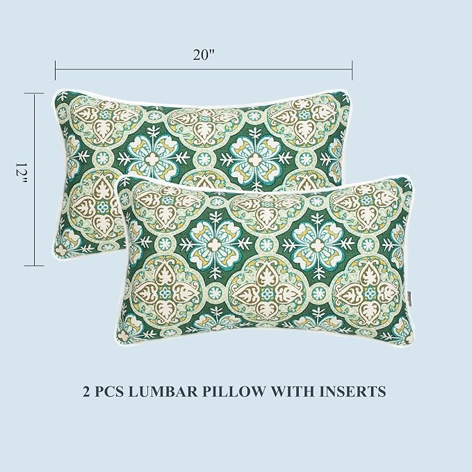 FUNHOME Outdoor Lumbar Pillow with Insert 12x20 Inch Pack of 2-Green Medal | Outdoor Pillows for Patio Furniture, Water-Repellent, Decorative Garden Pillows for Home Patio Coach Sofa Use