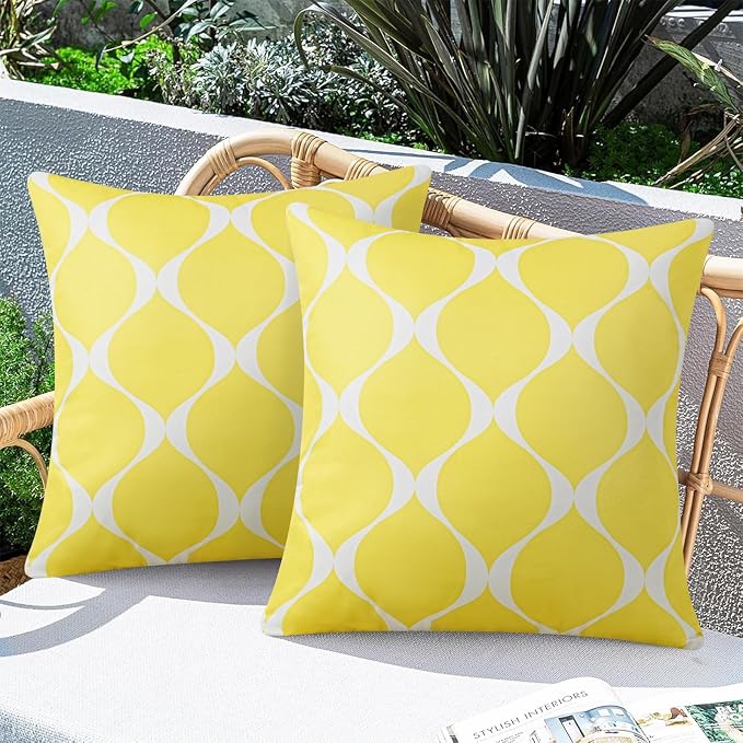 Merrycolor Outdoor Pillows Cover Waterproof Set of 2 Modern Geometric Patterns Yellow and White 18x18 Inches for Patio Furniture Couch Outdoor Throw Pillow Covers for Couch