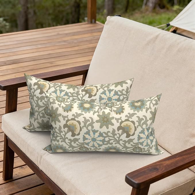 Outdoor Lumbar Pillows 12x20 Inch, Water Repellent Cushion Pillows, Outdoor Pillows with Inserts for Home Garden Pack of 2, Floral Symphony‌