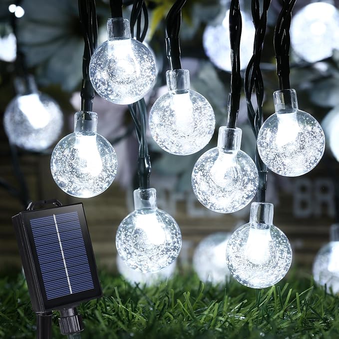 Joomer White Solar String Lights,39FT 60LED Crystal Ball Fairy Lights | 8 Modes Waterproof Outdoor Solar Powered Patio Light for Spring Summer Garden Lawn Gazebo Porch Backyard Tree Decorations