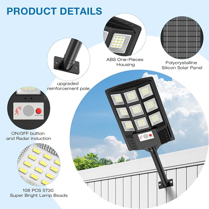 Solar Lights Outdoor, 6500K Motion Sensor Security Lights, 6-Pack | IP66 waterproof with dusk to dawn lighting, motion sensor and remote control for yards, parking lots, courtyards and garages