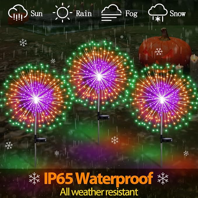 Tujoe Halloween Decoration Outdoor 4 Pack Solar Firework Light with 180 LED Halloween Solar Lights 8 Lighting Modes for Yard Garden Pathway Party Decoration(Green, Orange, Purple)