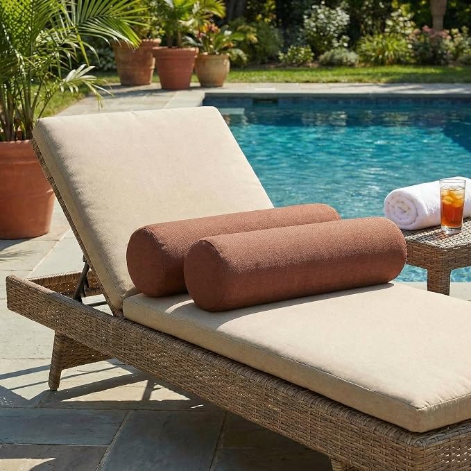 RSH DECOR: Sunbrella Neck Roll Pillows Set of 2 | 24” x 8” | Outdoor Bolster for Patio, Deck, Porch, or Poolside Chairs | Fade & Water-Resistant | Made in USA (Essential Russet)