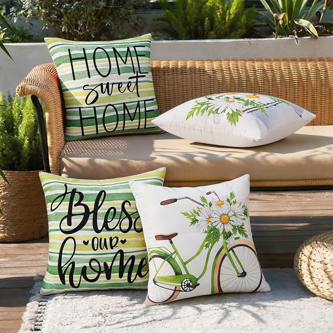 cygnus Spring Summer Waterproof Outdoor Pillow Covers 18x18 Inch Set of 4 Home Sweet Home Bless Home Daisy Striped Outdoor Pillows for Patio Furniture Garden Bench Proch Balcony,Green