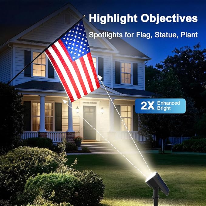 JEJOT Solar Lights Outdoor Waterproof IP65, Super Bright LED with Lens, 6500K 2 Lighting Modes, Solar Powered Yard Garden Solar Spot Lights for Outside Landscape Auto On/Off - 2 Pack