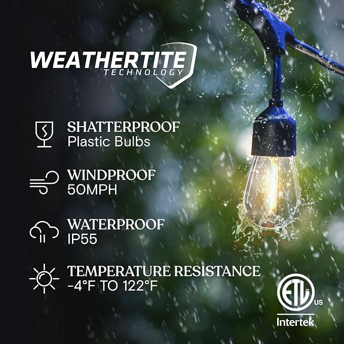 Brightech Ambience Pro Super Bright Solar - 48 Ft Remote Control Outdoor String Lights with Shatterproof Commercial Grade LED S14 Edison Bulbs, Waterproof Patio Light for Deck, 4W Soft White, 15 Bulbs