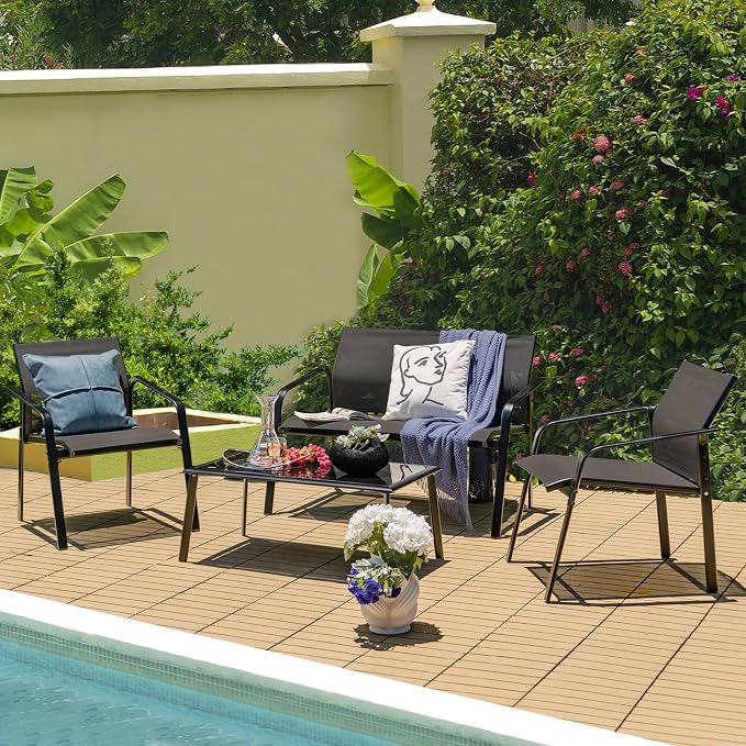 HAPPYGRILL 4 Piece Outdoor Conversation Set Patio Furniture Set, Breathable Fabric Single Chairs & Loveseat, Tempered Glass Coffee Table, Patio Bistro Set for Poolside Yard Garden