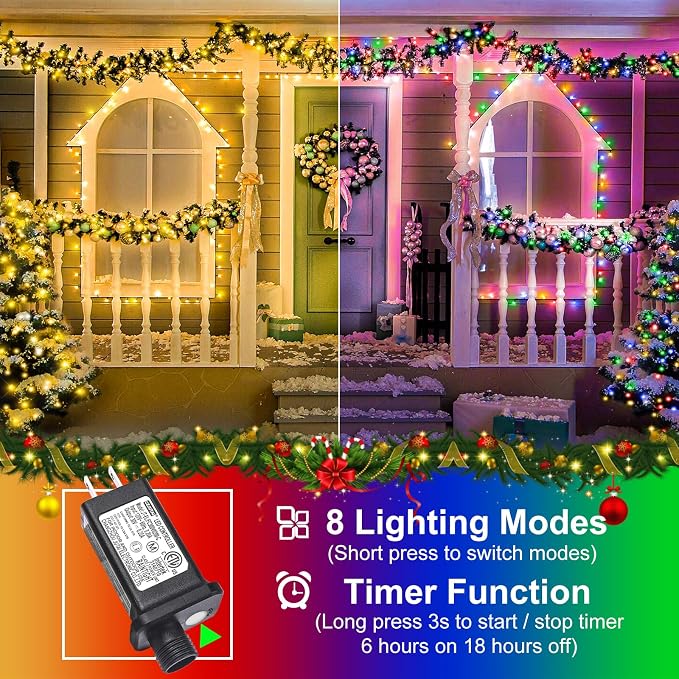 2 Pack Christmas Lights Outdoor, Total 200FT 600 LED Christmas Tree Lights | Waterproof 8 Modes Connectable String Lights for Outside Indoor Patio Party Decor, 1 Pack Warm White & 1 Pack Multicolor