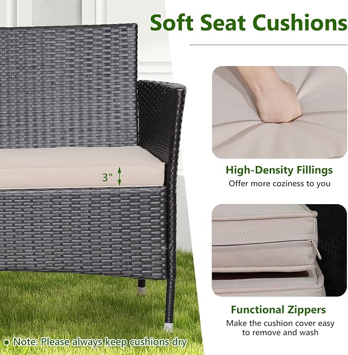 HAPPYGRILL 4 Pieces Rattan Patio Furniture Set, Mix Brown Wicker Sofa Set with Soft Seat Cushions, 2-Tier Tempered Glass Coffee Table, Outdoor Rattan Conversation Set for Backyard Poolside