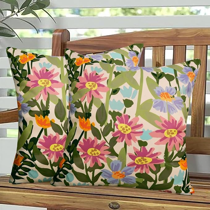 Pyonic Outdoor Pillows Waterproof Cover Pack of 2 Floral Waterproof Throw Pillows 18x18 inch for Patio Furniture Garden Furniture