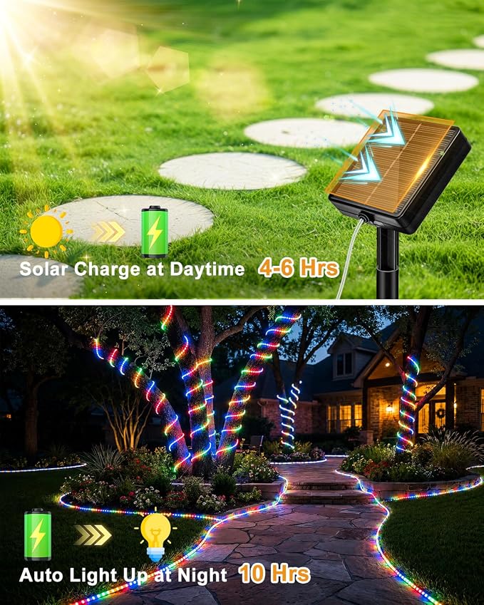 btfarm Solar Rope Lights, 120LED 46FT Solar Trampoline String Lights Outdoor Waterproof, 8 Lighting Modes Solar Powered Strip Light for Outside Garden Tree Christmas Yard Patio Decor, Multicolor