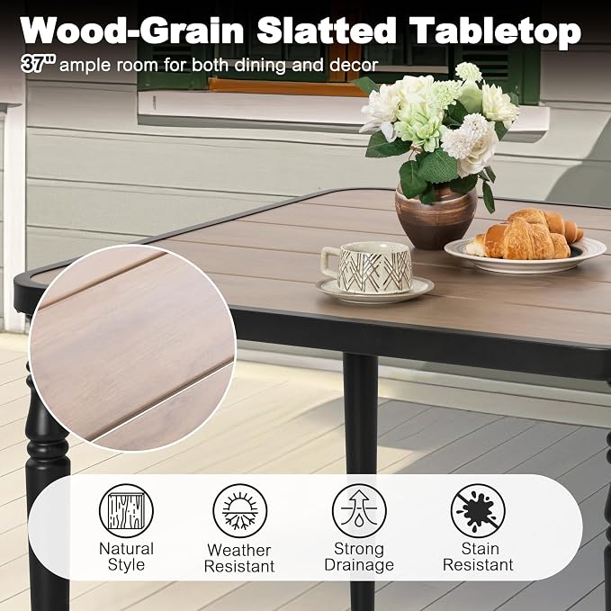 NUU GARDEN Outdoor 37” Square Metal Dining Table, Patio Dining Table with Umbrella Hole, Powder-Coated Metal Table with Faux Wood Tabletop, for Patio, Garden, Backyard and Balcony, Black