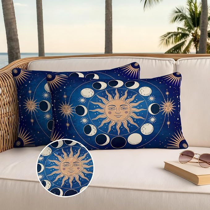 Celestial Sun and Moon Waterproof Outdoor Pillow Covers Set of 2 Home Decor, Blue Starry Galaxy Boho Lumbar Pillowcase Patio Pillow Covers for Couch Bench Patio Furniture Garden 20x12in