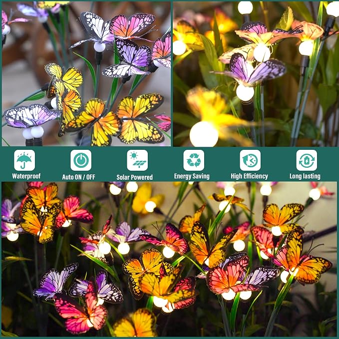 TONULAX Solar Garden Lights - 2 Pack Swaying Butterfly Light, Swaying in The Wind, Solar Outdoor Lights, Yard Patio Pathway Decoration, High Flexibility Iron Wire & Realistic Butterflies