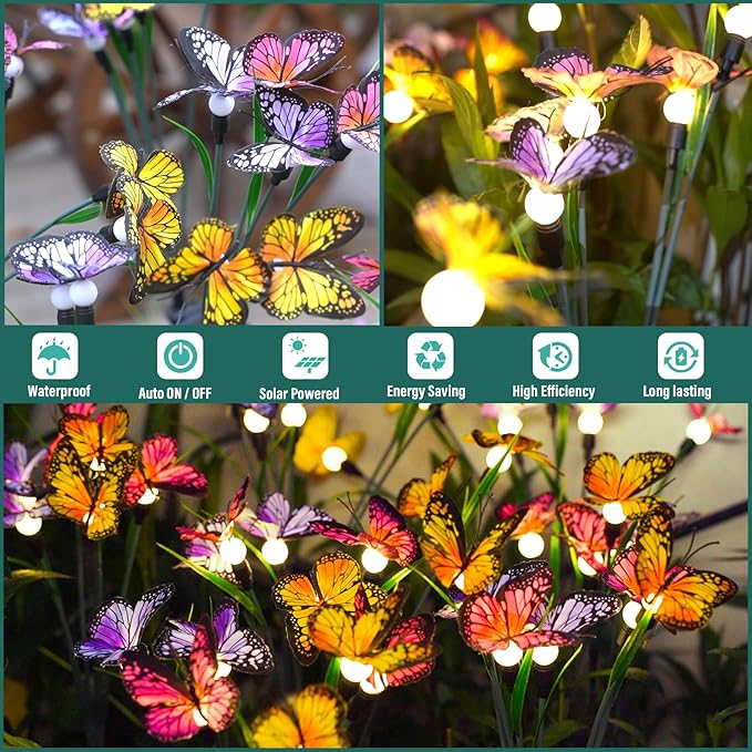 TONULAX Solar Garden Lights - 4 Pack Swaying Butterfly Light, Swaying in The Wind, Solar Outdoor Lights, Yard Patio Pathway Decoration, High Flexibility Iron Wire & Realistic Butterflies