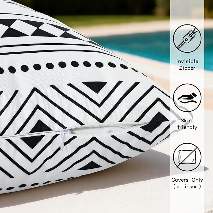 Black White Outdoor Waterproof Pillow Covers 18x18 Inch Set of 2 | Morocco Tile Geometric Decorative Throw Pillow Cover, Boho Outdoor Cushion Cases for Patio Funiture Garden Couch Bench