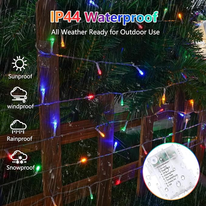 2 Pack 200 LED Battery Operated String Lights, Twinkle Lights Multicolor | 66FT 8 Modes Christmas Fairy Lights Indoor Outdoor, Waterproof Battery Lights for Bedroom Party Porch Tree Holiday Decor