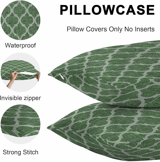 Dark Green Moroccan Outdoor Pillow Covers 26x26 Inch Throw Pillow Covers Set of 2 Waterproof Decorative Pillow Cases Middle Century Quatrefoil Plaid Art Cushion Covers for Patio Furniture Garden Couch