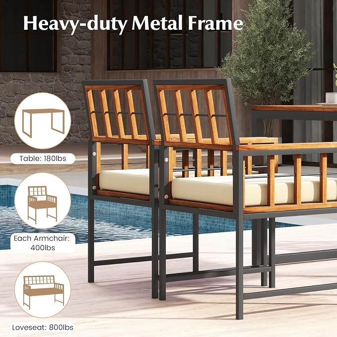 HAPPYGRILL 4 Pieces Wood Patio Dining Set with 1 Table, 1 Loveseat and 2 Armchairs, Outdoor Table and Chairs with 1.96" Umbrella Hole and Comfortable Cushions for Backyard, Deck and Poolside